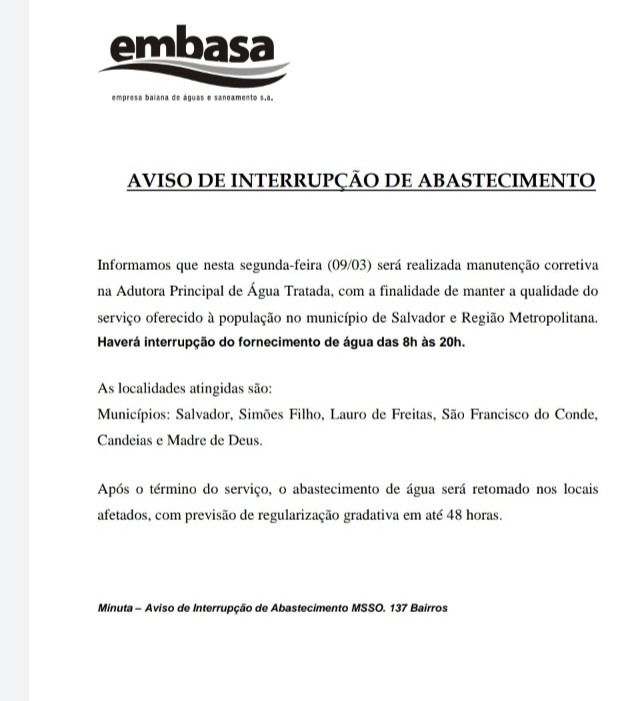 Embasa desmente interrupção no fornecimento de água em Salvador e RMS na próxima segunda (09) 2