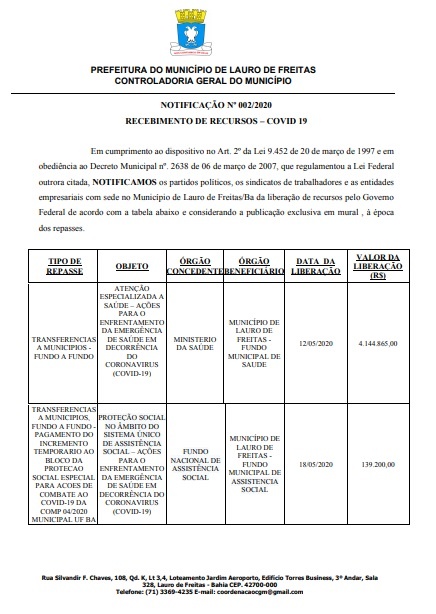 Diário Oficial de Lauro de Freitas registra entrada de recurso federal, mas prefeita nega 2