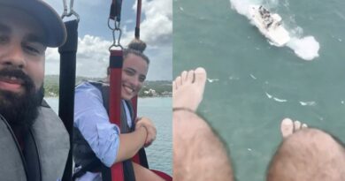 Casal de brasileiros cai de paraquedas no mar após corda se romper; veja vídeo 2