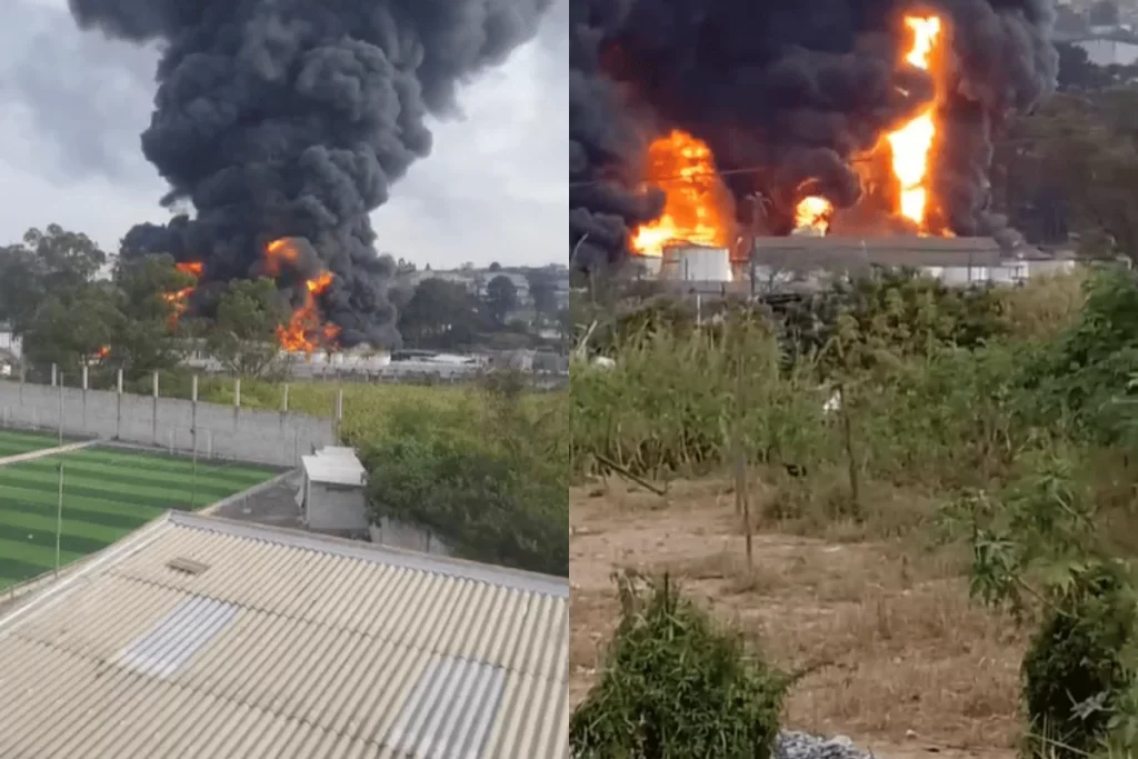 Incêndio de grandes proporções atinge fábrica de solventes na Grande São Paulo