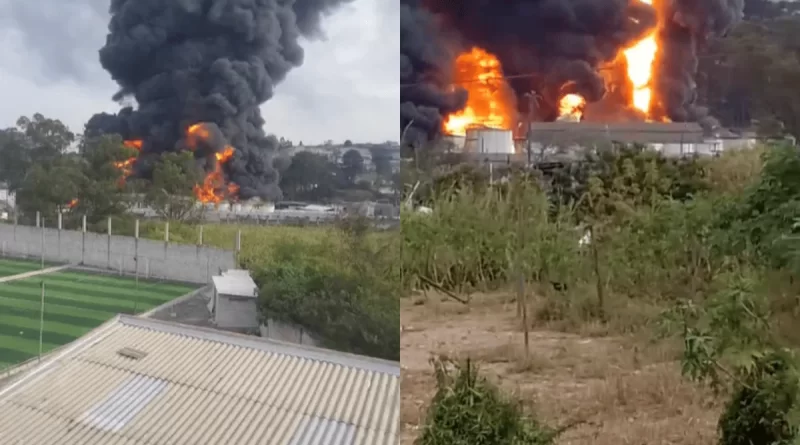 Incêndio de grandes proporções atinge fábrica de solventes na Grande São Paulo